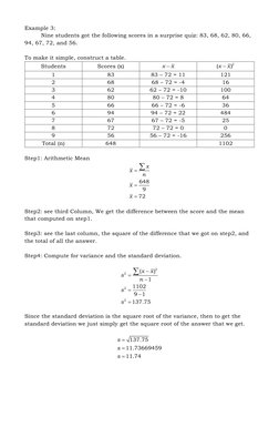Example 3: 
Nine students got the following scores in a surprise quiz: 83, 68, 62, 80, 66, 
94, 67, 72, and 56. 
 
To make it