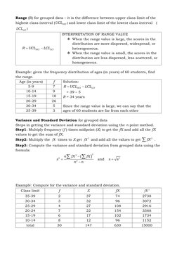 Range (R) for grouped data – it is the difference between upper class limit of the 
highest class interval (
HCI
UCL
) and lo