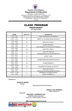 Kindergarten Class Program 2023-2024 | PDF