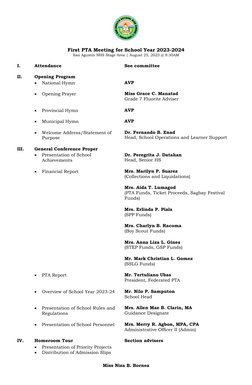 First PTA Meeting for School Year 2023-2024
San Agustin NHS Stage Area | August 25, 2023 @ 8:30AM
I. 
Attendance
See committe