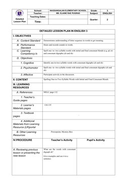 Detailed
Lesson Plan
School:
NAGSANGALAN ELEMENTARY SCHOOL
Grade:
3
Teacher:
MS. ELAINE RAE PUGRAD
Subject:
ENGLISH
Teaching