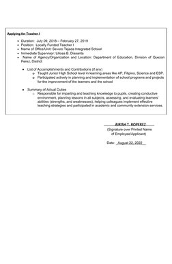 Teacher I Work Experience Summary | PDF | Career & Growth | Wellness