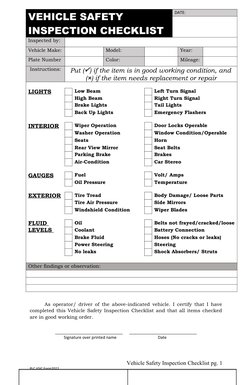 VEHICLE SAFETY  
INSPECTION CHECKLIST
DATE:
Inspected by:
Vehicle Make:
Model:
Year:
Plate Number
Color:
Mileage:
Instruction