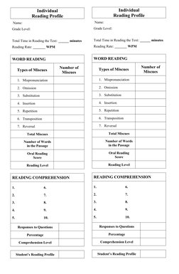 Individual 
Reading Profile
 Name: 
Grade Level:
Total Time in Reading the Text: ______ minutes 
Reading Rate: _______ WPM
WO
