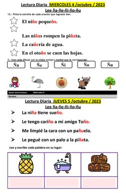 Lectura Diaria  
 
 MIERCOLES 4 /octubre / 2023
 
 
Lee ña-ñe-ñi-ño-ñu
12.- Pinta la estrella de cada oración que lograste le