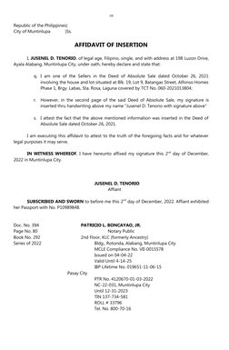 10
Republic of the Philippines)
City of Muntinlupa            )Ss.
AFFIDAVIT OF INSERTION
I, JUSENEL D. TENORIO, of legal age