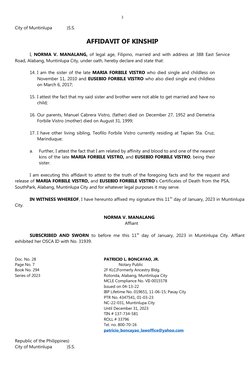 3
City of Muntinlupa            )S.S.
AFFIDAVIT OF KINSHIP
I,  NORMA V. MANALANG, of legal age, Filipino,  married and with a