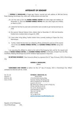 5
AFFIDAVIT OF KINSHIP
I,  NORMA V. MANALANG, of legal age, Filipino,  married and with address at  388 East Service
Road, Al