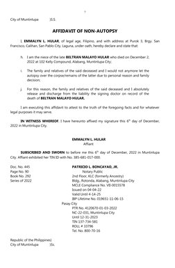 7
City of Muntinlupa            )S.S.
AFFIDAVIT OF NON-AUTOPSY
I,  EMMALYN L. HULAR, of legal age, Filipino,  and with addres