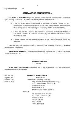 9
City of Muntinlupa            )Ss.
AFFIDAVIT OF CONFIRMATION
I, JUSENEL D. TENORIO, of legal age, Filipino, single, and wit