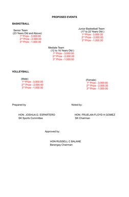 PROPOSED EVENTS
BASKETBALL
Senior Team
 (23 Years Old and Above)
1st Prize - 3,000.00
2nd Prize - 2,000.00
3rd Prize - 1,000.