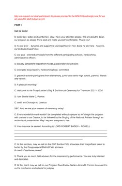 May we request our dear participants to please proceed to the MNHS Quadrangle now for we 
are about to start today’s event.
P