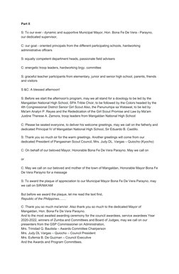 Part II 
S: To our ever - dynamic and supportive Municipal Mayor, Hon. Bona Fe De Vera - Parayno, 
our dedicated supervisor,