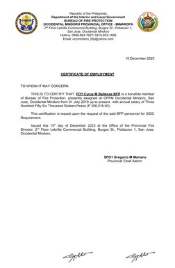 Bfp Work BFP FO1 Salary Certificate 2023 | PDF