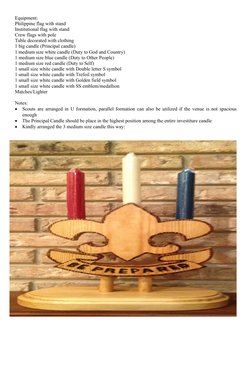 Equipment:
Philippine flag with stand
Institutional flag with stand
Crew flags with pole
Table decorated with clothing
1 big