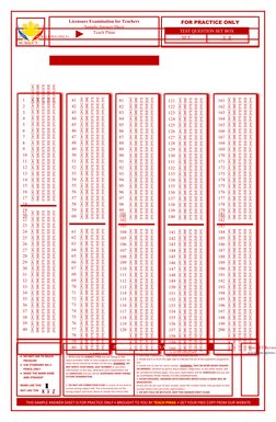 NAME:
(USE BLACK BALLPEN ONLY)
 
SUBJECT:
Licensure Examination for Teachers
Sample Answer Sheet
Teach Pinas
www.teachpinas.c