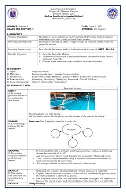 Projectile Motion Lesson Plan for Grade 9 | PDF | Mechanics | Applied ...