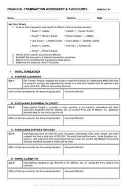 FINANCIAL TRANSACTION WORKSHEET & T-ACCOUNTS
HANDOUT #1
Name: ___________________________________
Section: __________
Date: _
