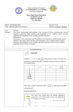 Grade 8 Math Learning Plan: Quarter 1 | PDF | Cartesian Coordinate ...