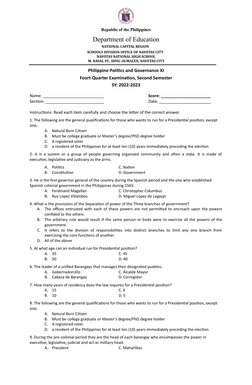 Philippine Politics and Governance Exam | PDF | President Of The ...