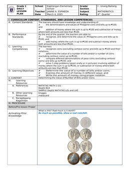 Grade 1 Money Lesson Plan | PDF | Money | Coins