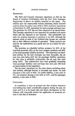 90 
AVIATION INSURANCE 
EXPERIENCE 
The Hull and Casualty Insurance experience as filed by the 
Board of Aviation Underwriter