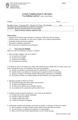 Lectura Complementaria 6° año básico
“Las ballenas cautivas” (Autor: Carlos Villanes)
Nombre: _______________________________