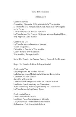 Tabla de Contenidos
Introducción
Conferencia Uno
Conexión y Distancia: El Significado de la Vinculación
El Propósito de la Vi