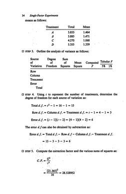 34 
Single'-Factor Experiments 
means as follows: 
Treatment 
Total 
Mean 
A 
5.855 
1.464 
B 
5.885 
1.471 
C 
4.270 
1.068
