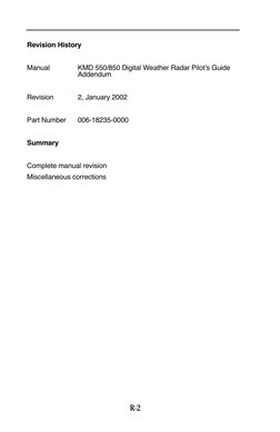 R-2
Revision History
Manual
KMD 550/850 Digital Weather Radar Pilot’s Guide 
Addendum
Revision
2, January 2002
Part Number
00