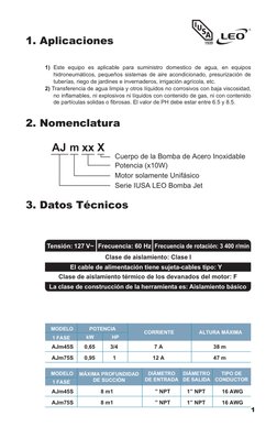 1. Aplicaciones
2. Nomenclatura
3. Datos Técnicos
1) Este equipo es aplicable para suministro domestico de agua, en equipos