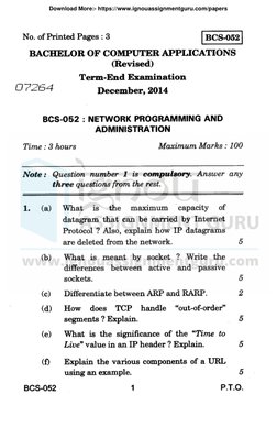 BCS-052 Network Programming Exam Papers | PDF | Transmission Control ...