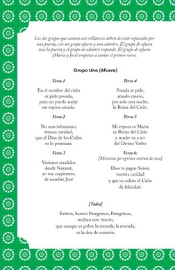 Verso 1
En el nombre del cielo 
os pido posada, 
pues no puede andar 
mi esposa amada.
Verso 2
No seas inhumano, 
tennos cari