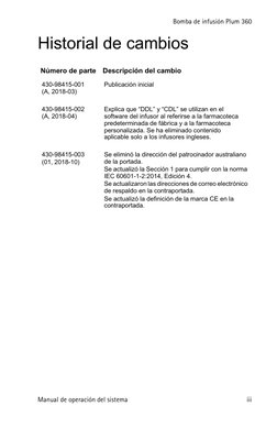 Bomba de infusión Plum 360
Manual de operación del sistema
iii
Historial de cambios
Número de parte
Descripción del cambio
43