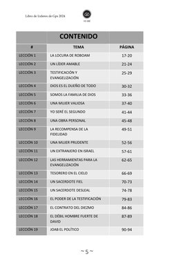~ 5 ~ 
 
Libro de Líderes de Gps 2024 
 
CONTENIDO 
 
# 
TEMA 
PÁGINA 
LECCIÓN 1 
LA LOCURA DE ROBOAM  
17-20 
LECCIÓN 2