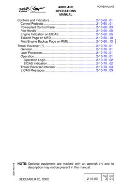 AIRPLANE
OPERATIONS
MANUAL
POWERPLANT
 
DECEMBER 20, 2002
 
2-10-00
 
Page
3
 
Code
01
Controls and Indicators ..............