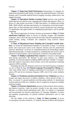 Chapter 15 (Improving Model Performance) demonstrates (1) strategies for
manual and automated model tuning, (2) improving mod