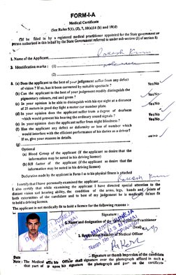 FORM~I-A 
Medical Certificate 
(See Rules 5(1), (3), 7, I0(a)14 (b) and t8(d) 
,. 
('fd' be 
(llled In by a registered medica