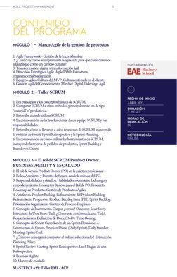 5
CURSO IMPARTIDO POR
FECHA DE INICIO
ABRIL 2023
DURACIÓN
3 MESES
HORAS DE 
DEDICACIÓN
80 
METODOLOGÍA
ONLINE
i
AGILE PROJECT