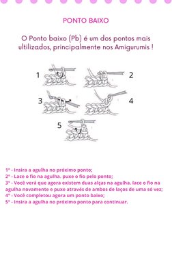 PONTO BAIXO

O Ponto baixo (Pb) é um dos pontos mais
ultilizados, principalmente nos Amigurumis !
1
3
2
4
1° - Insira a agulh