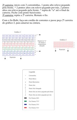 2ª carreira: inicie com 2 correntinhas, 1 ponto alto relevo pegando
pela frente, * 2 pontos altos em relevo pegando por trás,