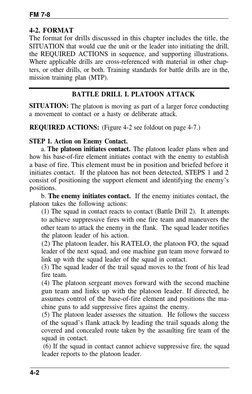 FM 7-8
4-2. FORMAT
The format for drills discussed in this chapter includes the title, the
SITUATION that would cue the unit