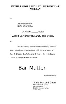 High Court Bail Application for Zahid Sarfaraz | PDF | Bail | Law ...