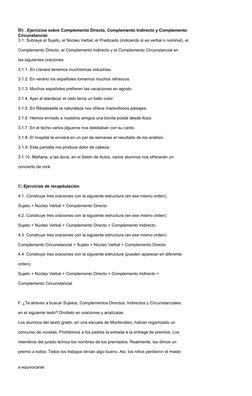 D) . Ejercicios sobre Complemento Directo, Complemento Indirecto y Complemento
Circunstancial.
3.1. Subraya el Sujeto, el Núc