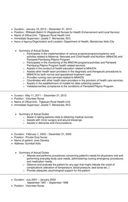  Duration:  January 16, 2013 – December 31, 2013                  
 Position:  RNheals Batch IV (Registered Nurses for