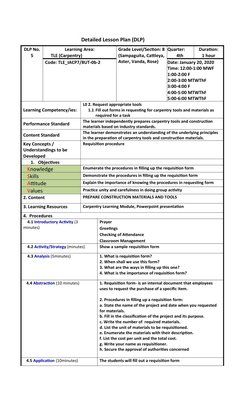 Detailed Lesson Plan (DLP)                         
DLP No.
5
Learning Area: 
     TLE (Carpentry)
Grade Level/Section: 8
(Sa