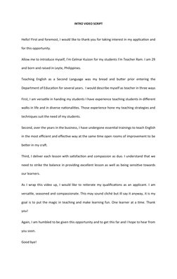 ESL Teacher Introduction Video Script | PDF | Career & Growth ...