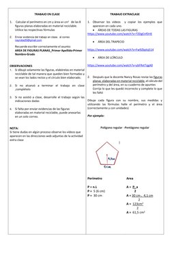 TRABAJO EN CLASE 
 
1.  Calcular el perímetro en cm y área en cm2   de las 8 
figuras planas elaboradas en material recicla