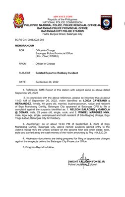 Robbery Report.pdf Robbery Incident Report - Batangas City | PDF