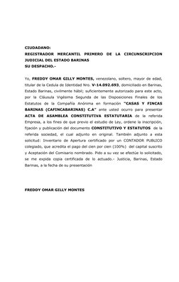 CIUDADANO: 
REGISTRADOR MERCANTIL PRIMERO DE LA CIRCUNSCRIPCION 
JUDICIAL DEL ESTADO BARINAS 
SU DESPACHO.- 
 
Yo, FREDDY OMA